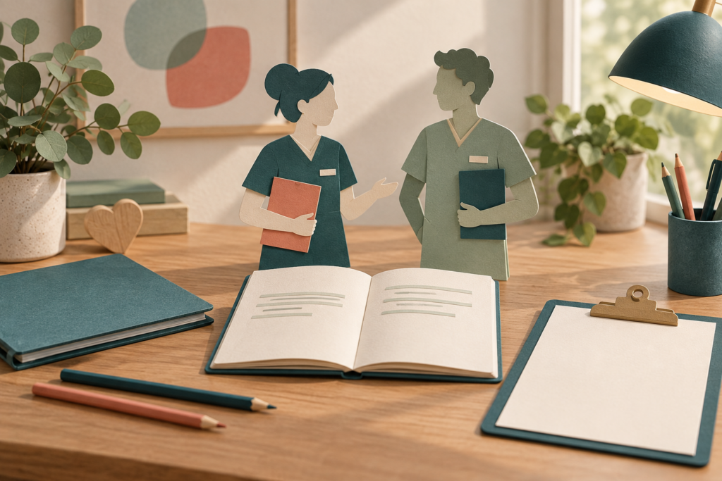 KI-generiert: Notizbuch, Klemmbrett und Stifte auf einem Schreibtisch vor zwei stilisierten Pflegefiguren aus Papier.