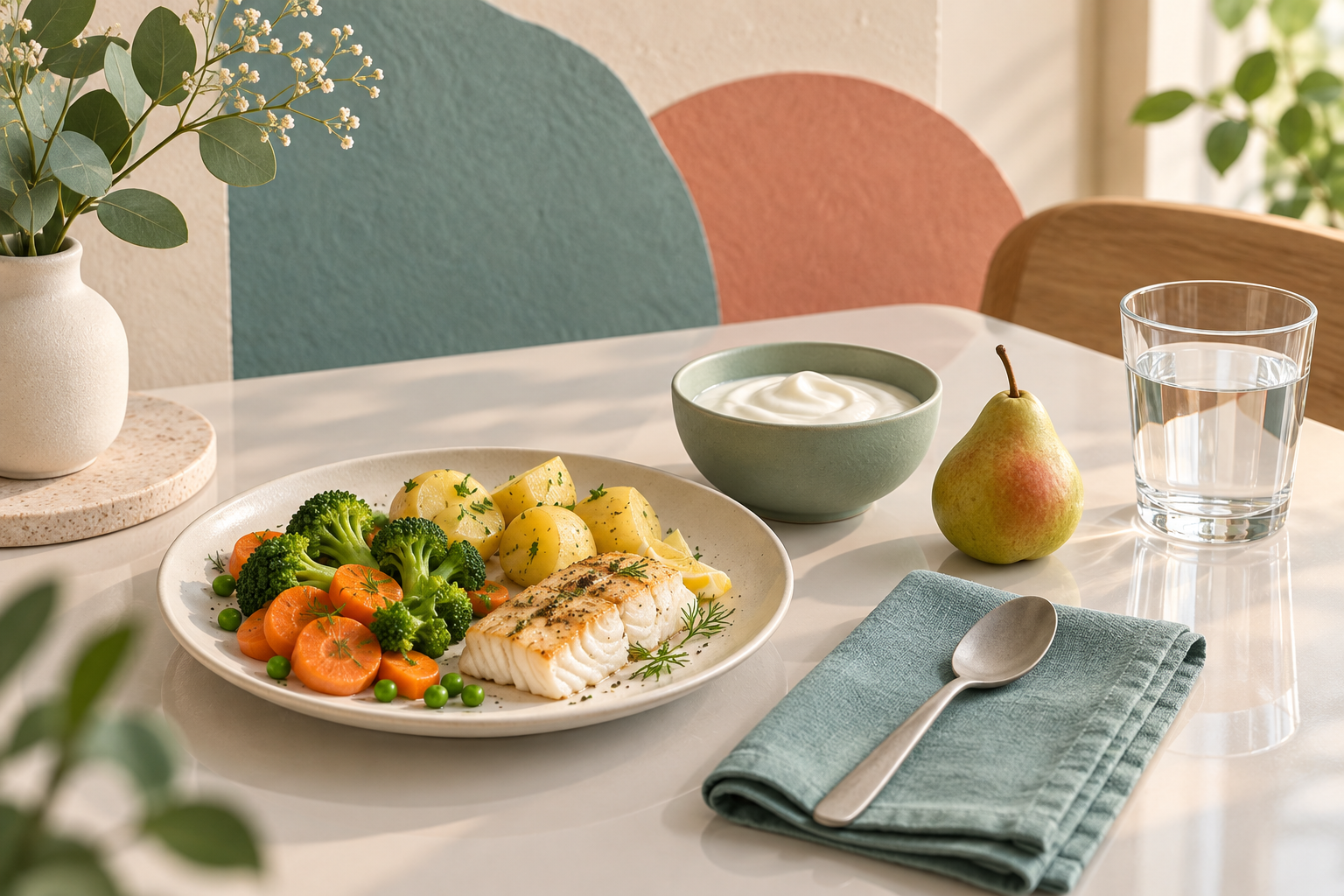 Symbolbild: Stillleben mit einem Teller Fisch, Kartoffeln und Gemüse sowie Joghurt, einer Birne und einem Wasserglas.