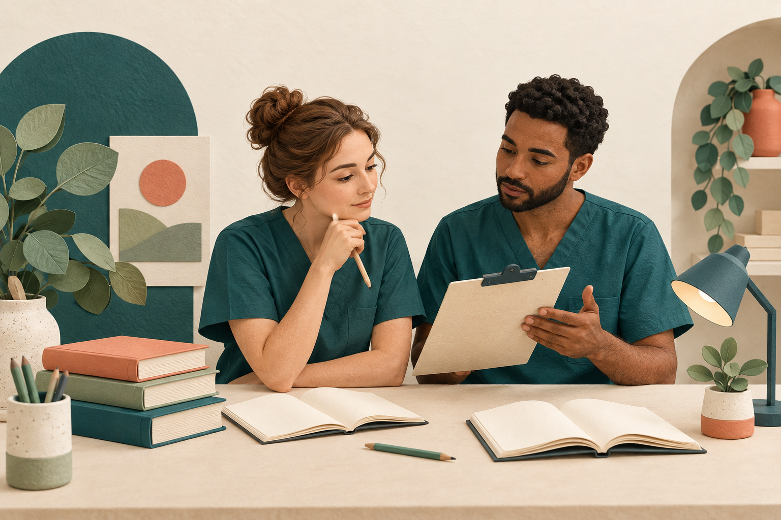 KI-generiert: Symbolbild zweier erwachsener Pflegelernender mit Büchern und einem Klemmbrett.