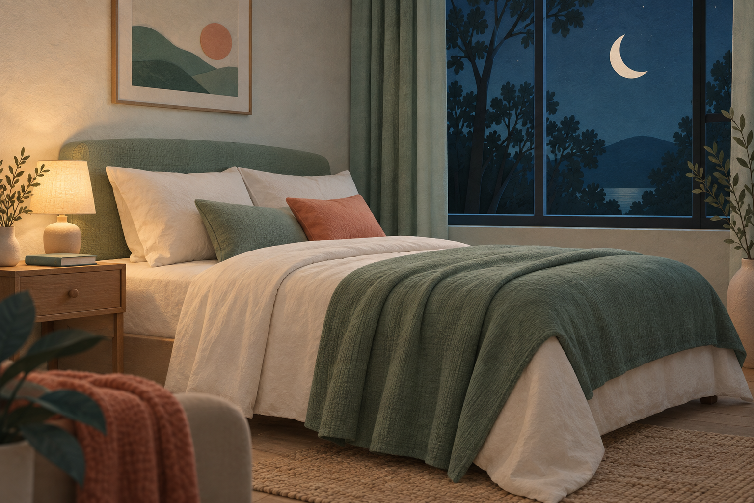 Symbolbild: Leeres Schlafzimmer mit gemachtem Bett, einer Nachttischlampe und einem Fenster mit Mondsichel.