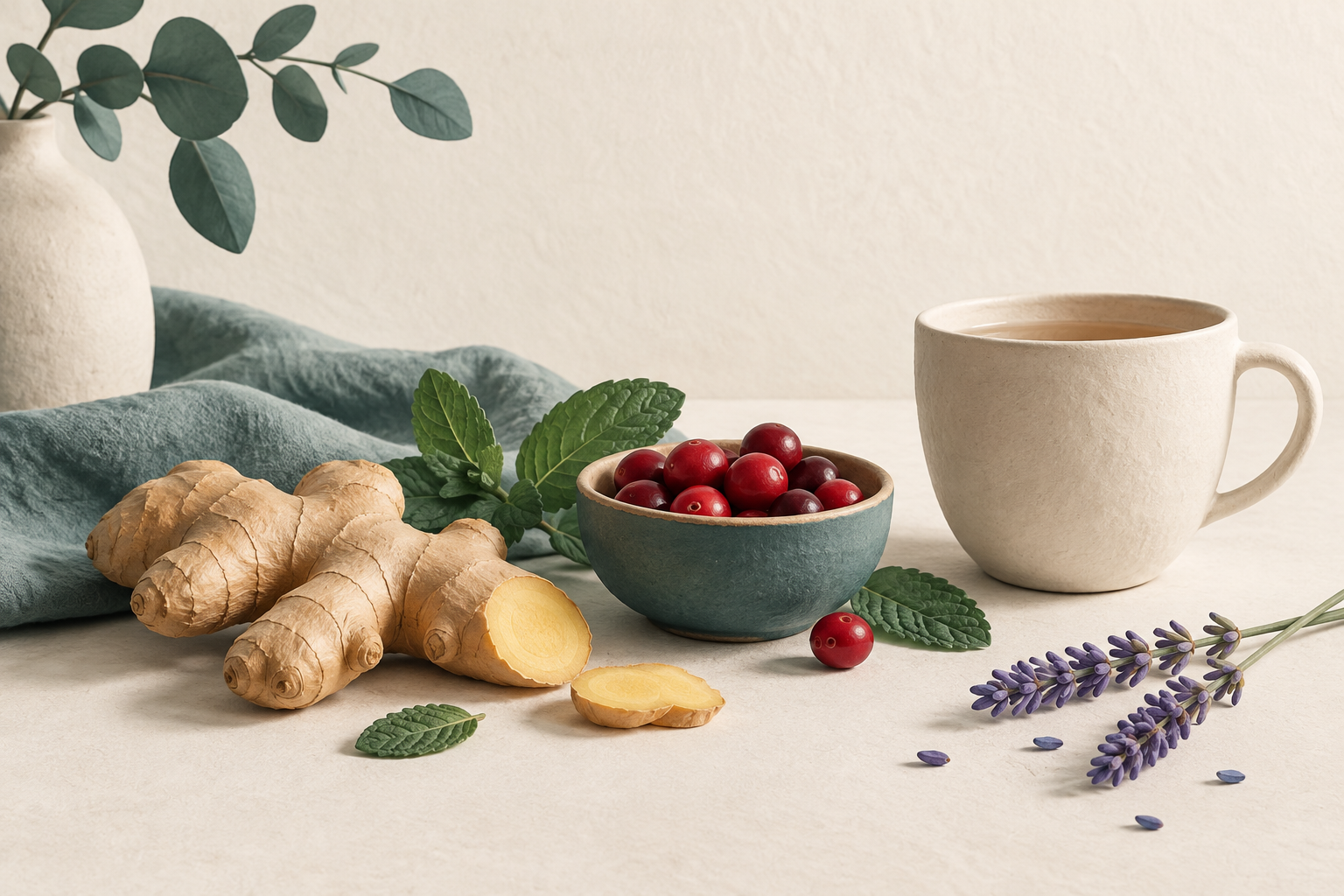 Symbolbild: Stillleben mit Ingwerwurzel, roten Beeren, Minzblättern, Lavendelzweigen und einer Tasse.
